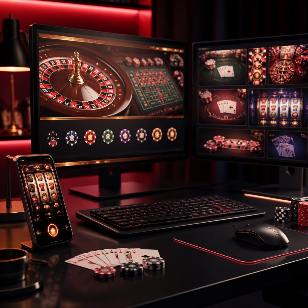 A modern desk setup with screens showing generic casino games and a smartphone beside them.