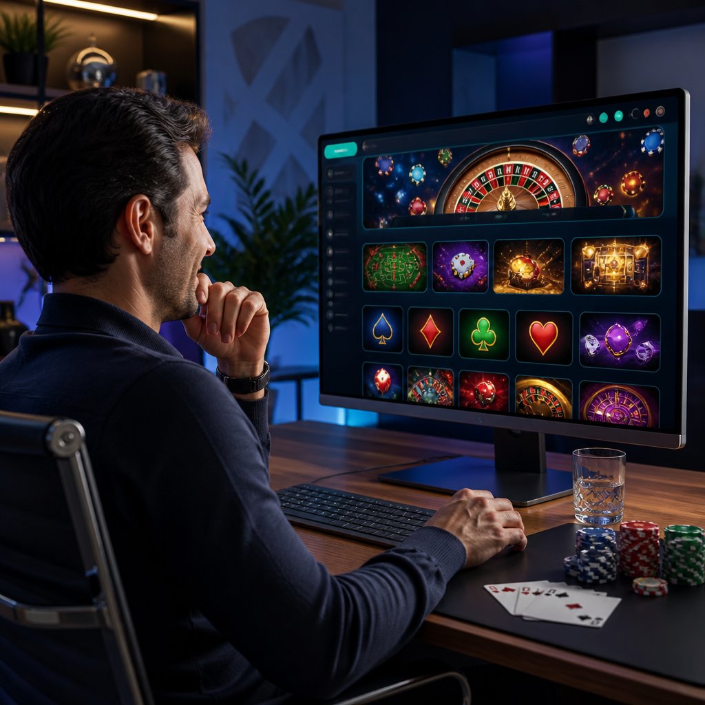 An adult user explores an online casino interface on a computer in a modern home office, with casino chips and playing cards on the desk.