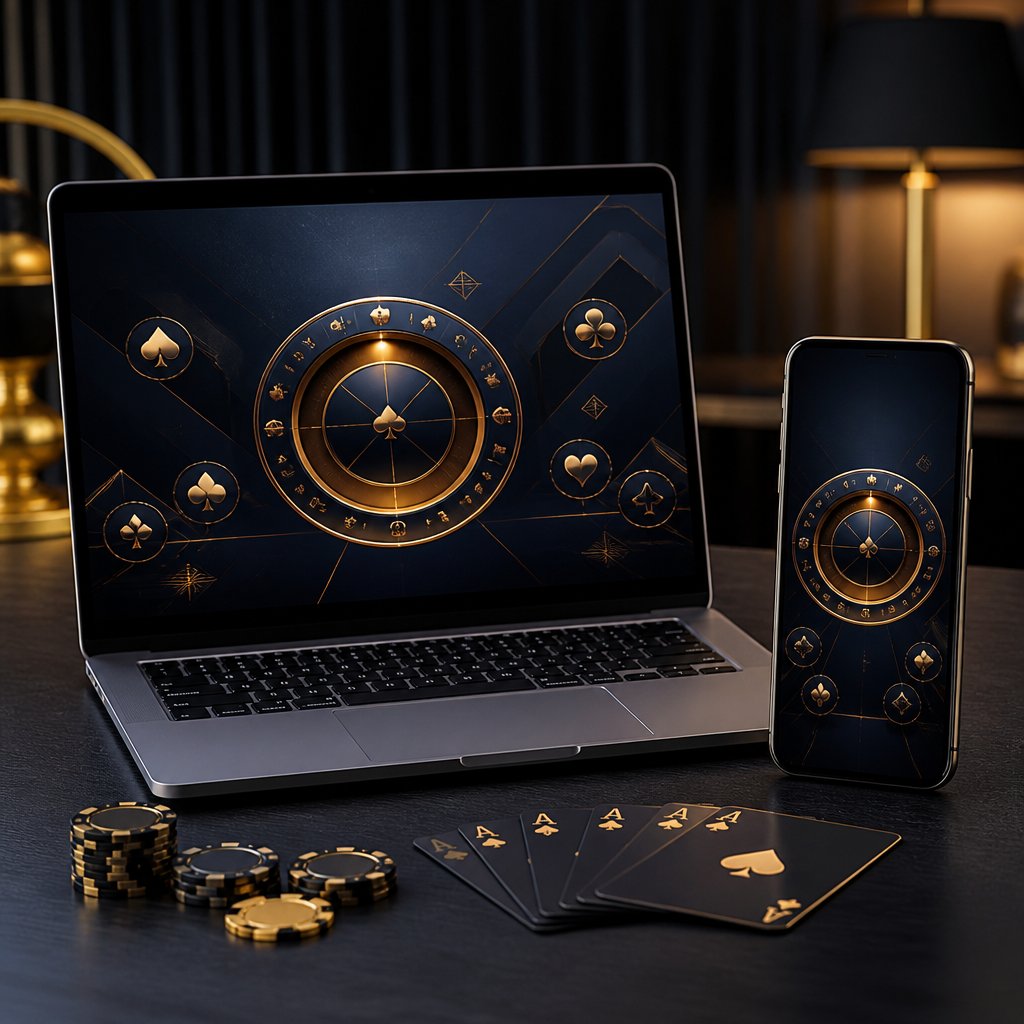 A laptop and smartphone showing an abstract casino game interface beside playing cards and poker chips on a dark desk.