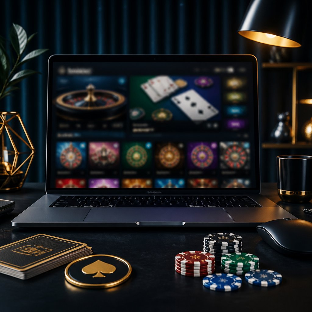 A laptop displays an abstract online casino interface with cards, roulette elements, and poker chips.