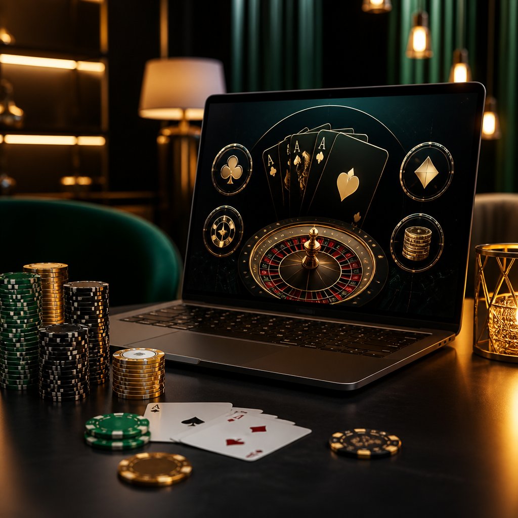 A laptop showing an abstract online casino interface surrounded by playing cards and poker chips.