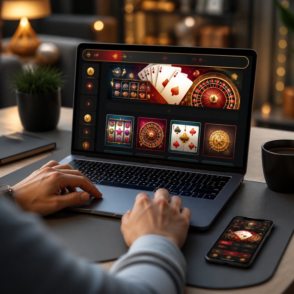 A person explores a colorful online casino interface on a laptop beside a smartphone.