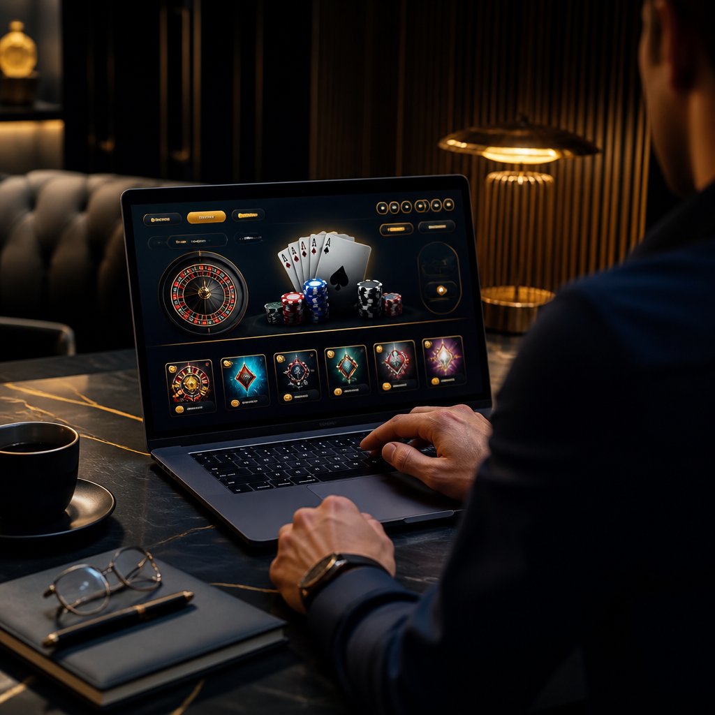 An adult using a laptop showing an abstract online casino-style interface with cards, chips, and roulette-inspired graphics.