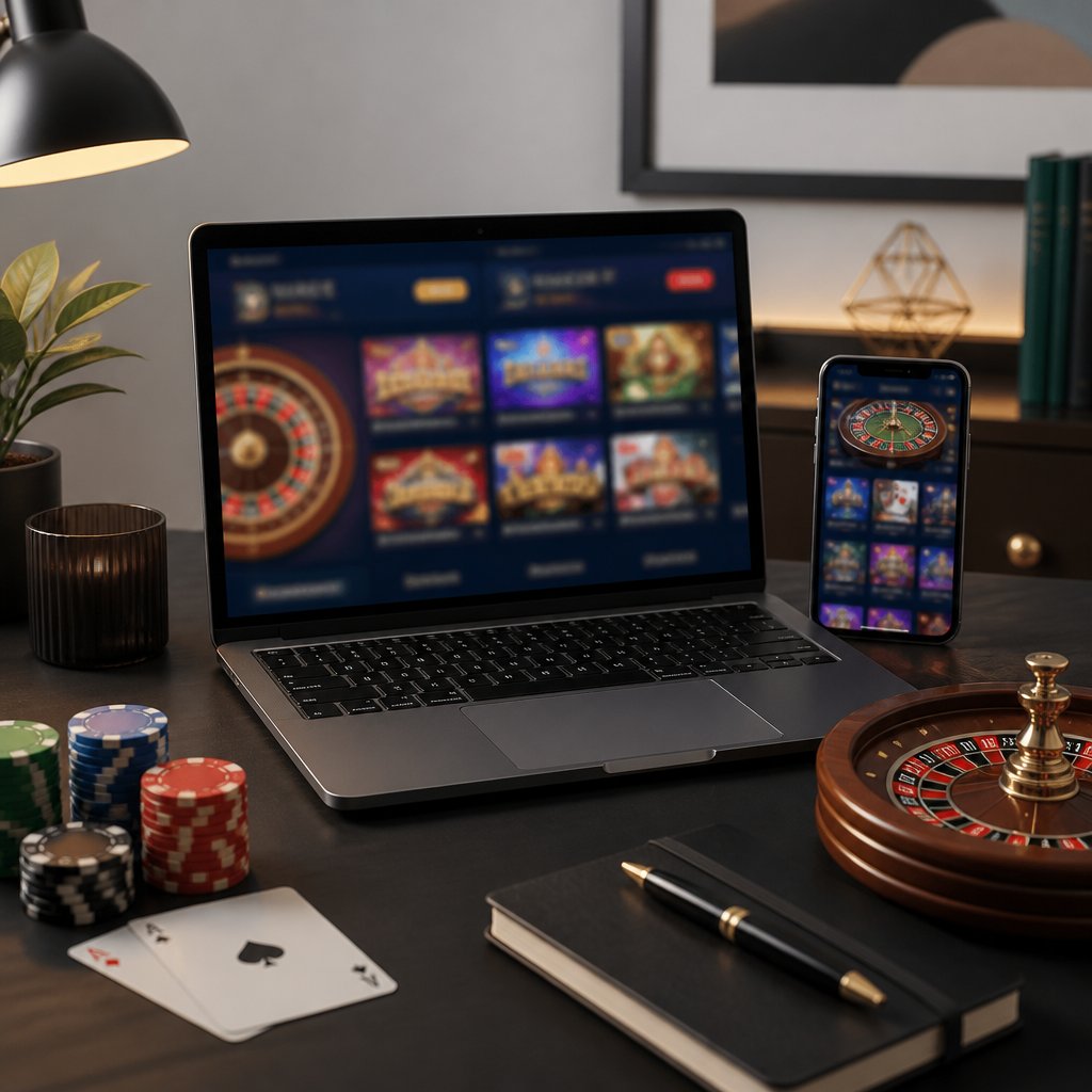 A modern desk with a laptop and smartphone showing blurred casino-style graphics, surrounded by poker chips, playing cards, and a small roulette wheel.