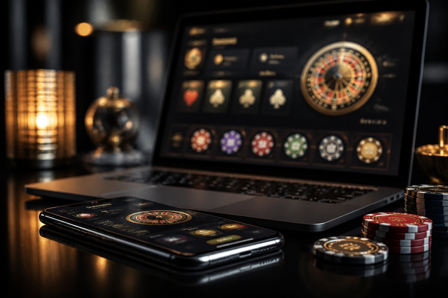 A modern smartphone and laptop display colorful abstract casino-style graphics on a polished surface.