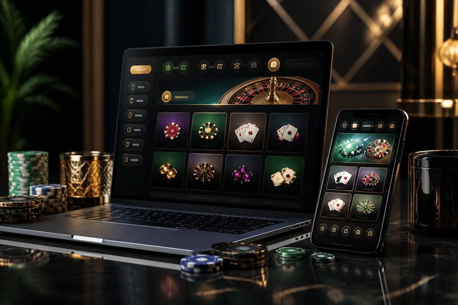 A laptop and smartphone display generic online casino games beside poker chips and playing cards on a polished dark surface.