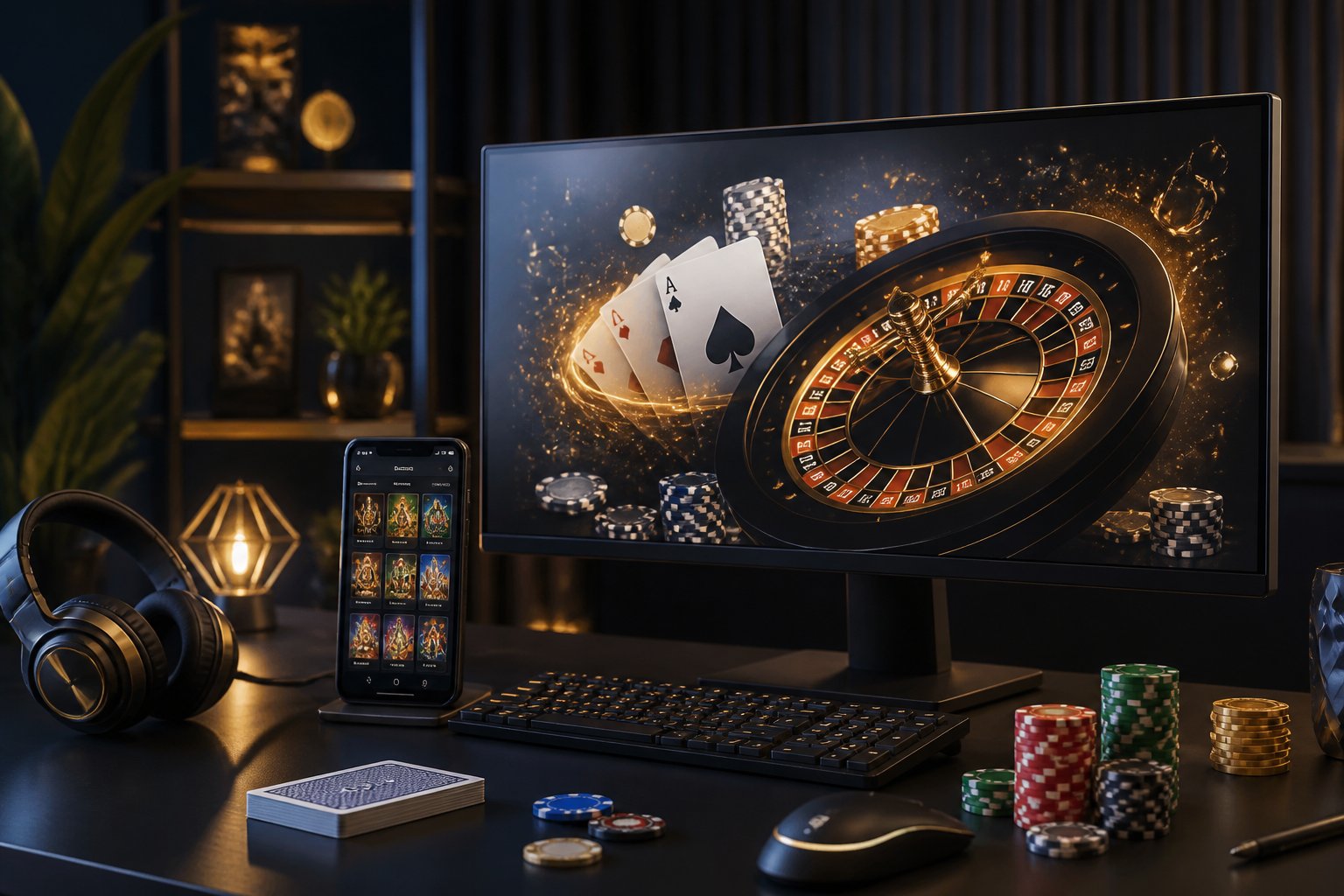 A modern desk displays a computer and smartphone with casino games, surrounded by playing cards and poker chips.