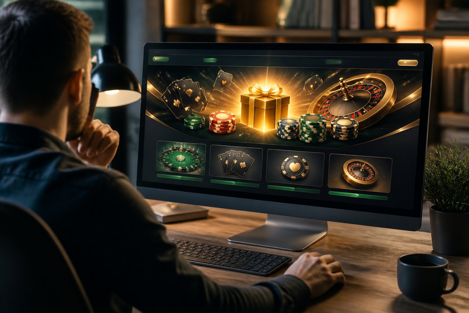 A person reviews a generic online casino dashboard with cards, poker chips, and roulette imagery on a computer monitor.