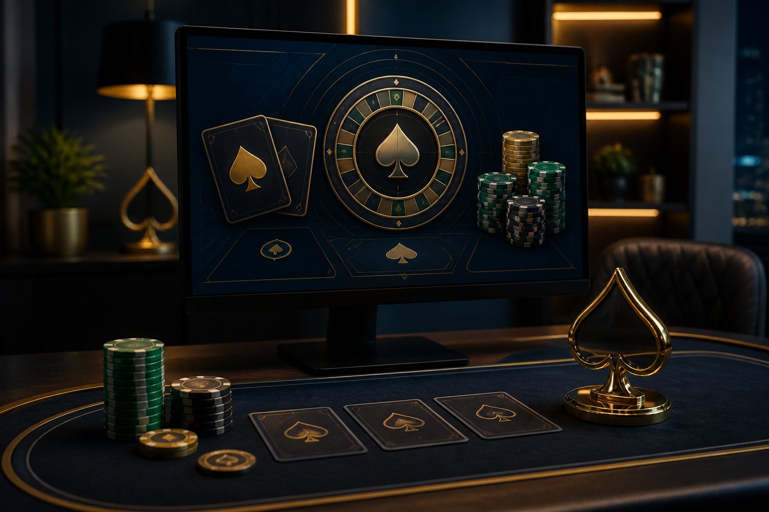 A modern computer setup displays a sophisticated online casino scene with playing cards, poker chips, and spade-themed decorations.