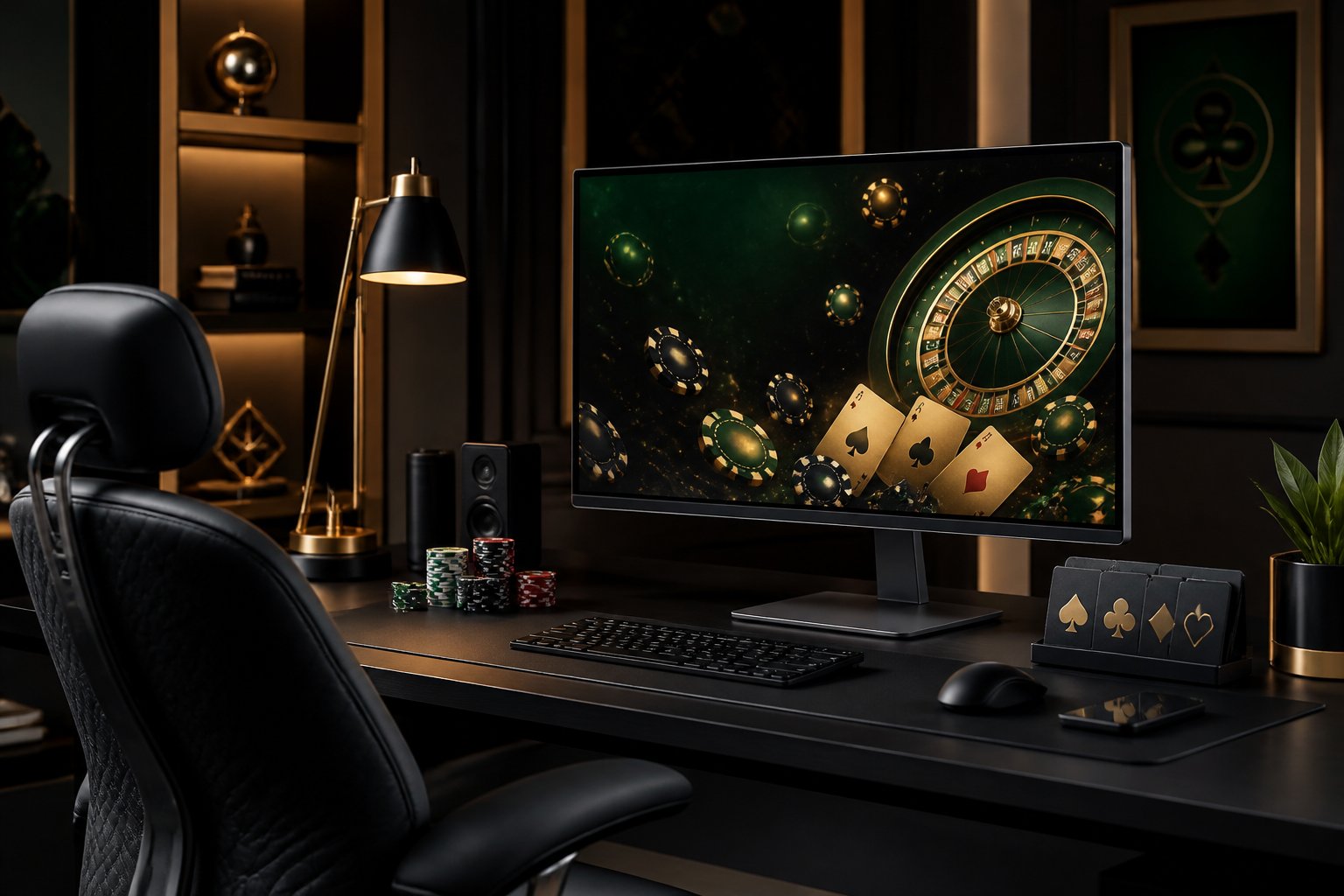 A modern desk with a monitor showing a generic online casino interface, surrounded by poker chips and subtle casino-themed decorations.