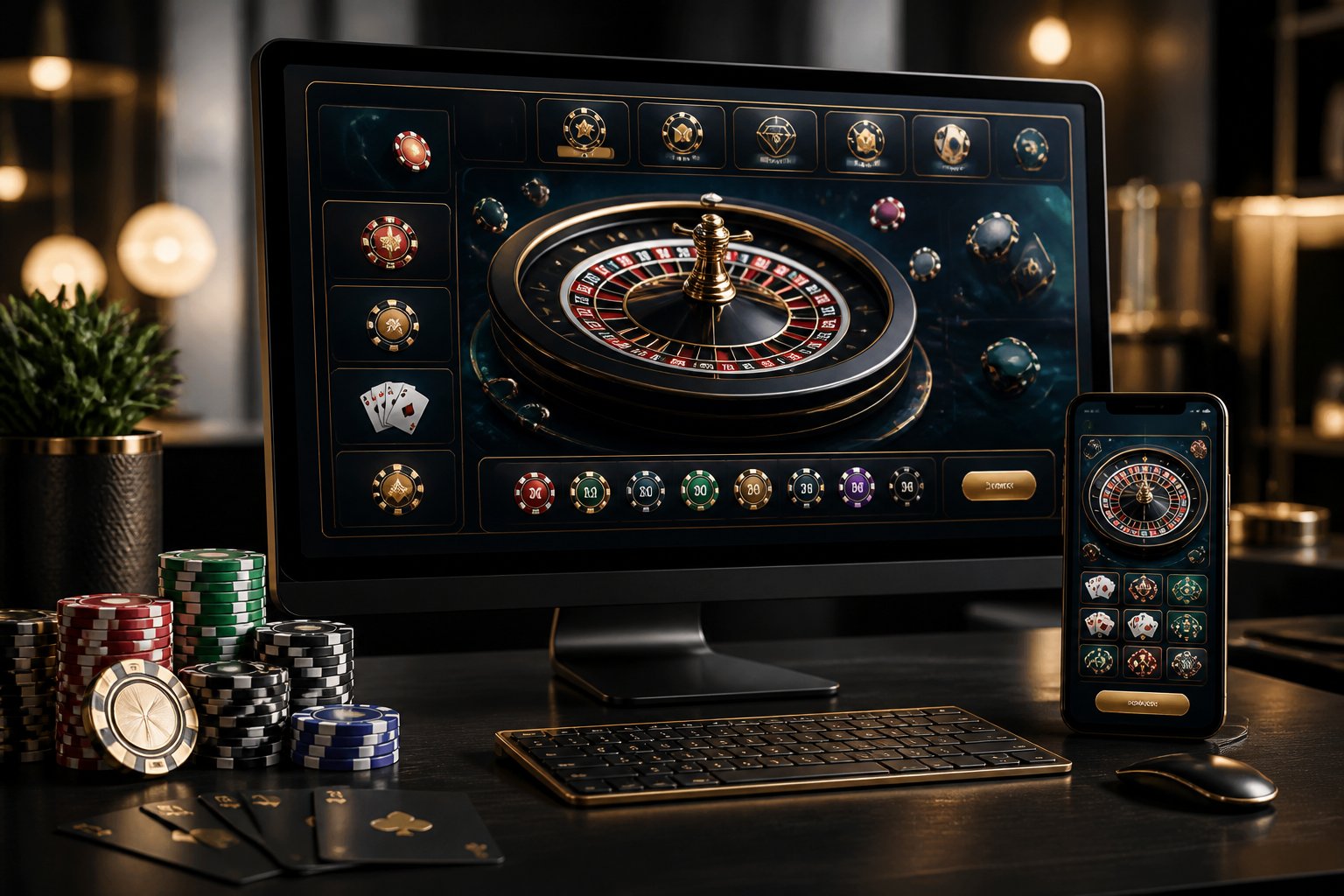 A modern desk displays casino game screens beside poker chips, playing cards, and roulette imagery.