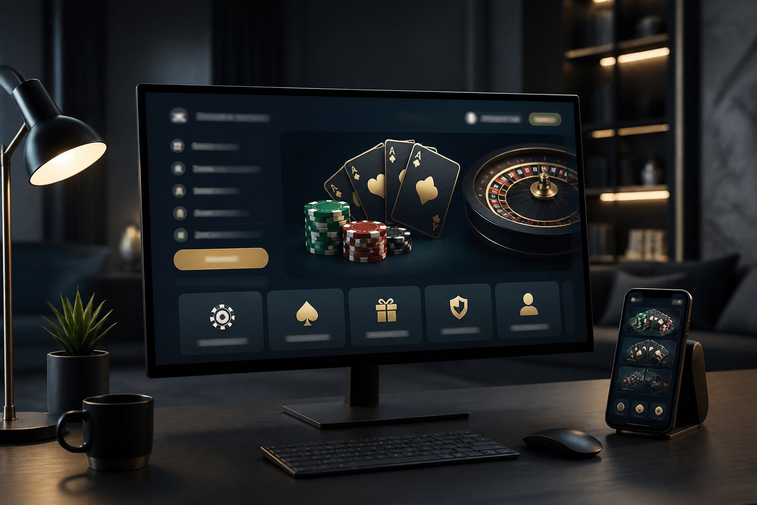 A modern computer and smartphone display abstract online casino visuals beside poker chips and playing cards.