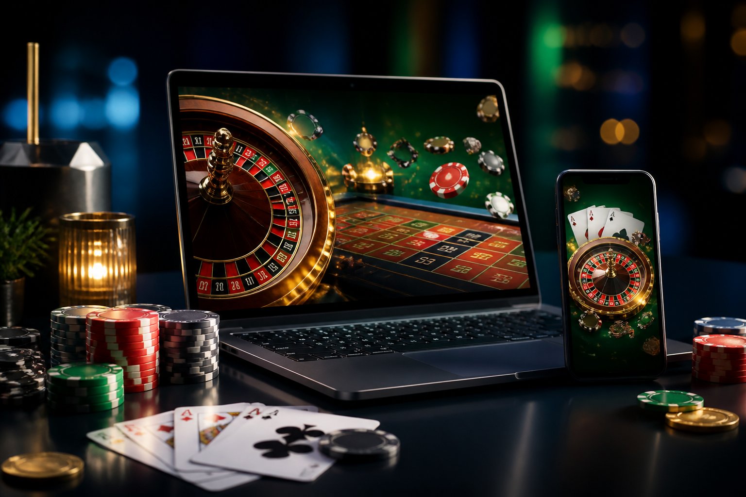 Laptop and smartphone showing abstract online casino games beside poker chips and playing cards.