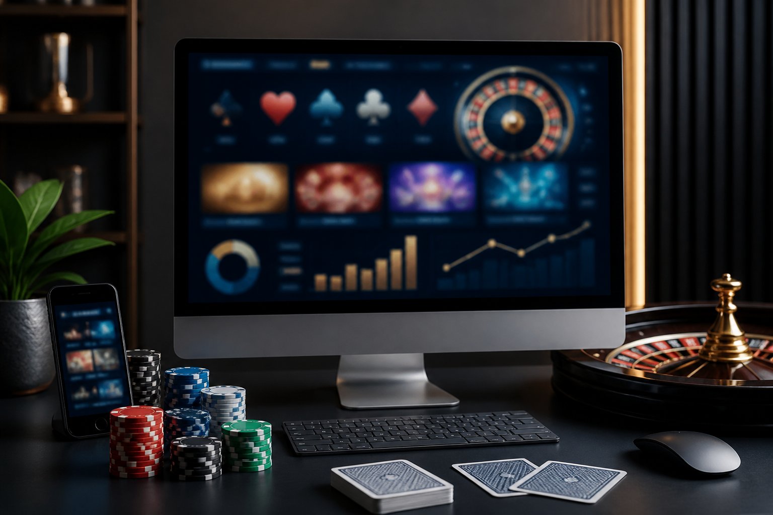A modern workstation displays an abstract online casino interface beside poker chips, playing cards, a roulette wheel, and a smartphone.