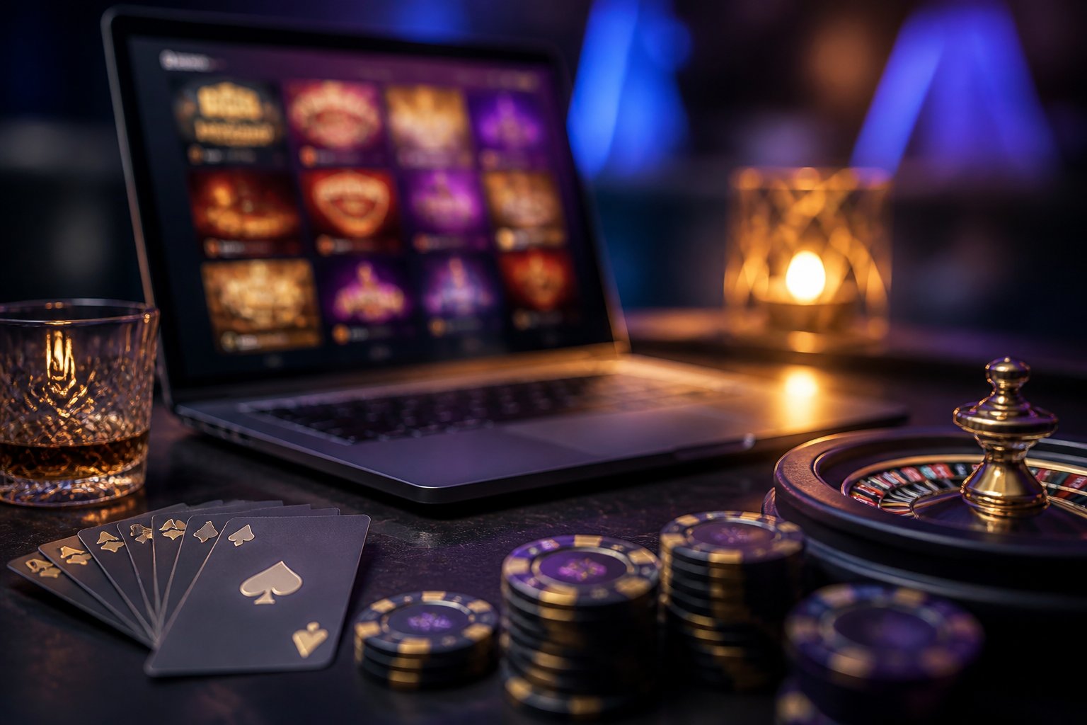 A laptop and casino gaming accessories arranged on a dark desk with elegant blue and gold lighting.