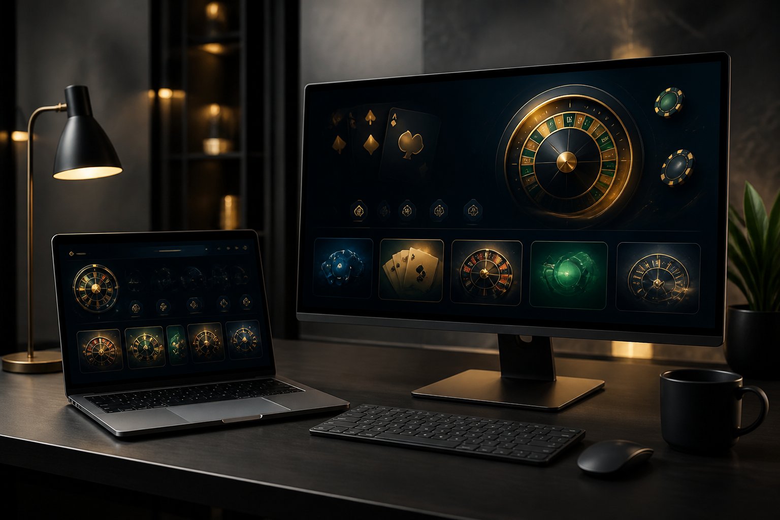 A modern computer setup displaying an abstract online casino interface in a sophisticated room.