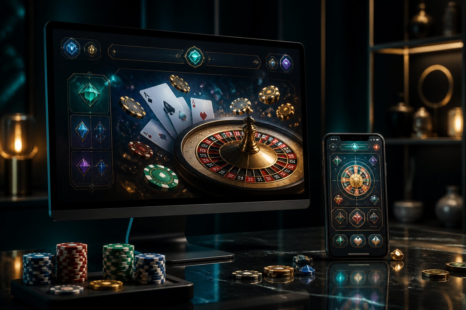 A modern computer and smartphone showing colorful online casino games beside poker chips and playing cards.