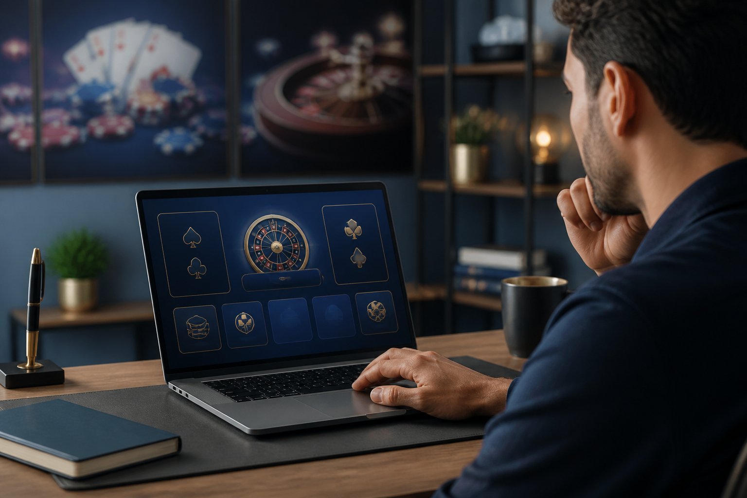 An adult reviews a generic online casino interface on a laptop in a modern home office, with blurred casino items in the background.