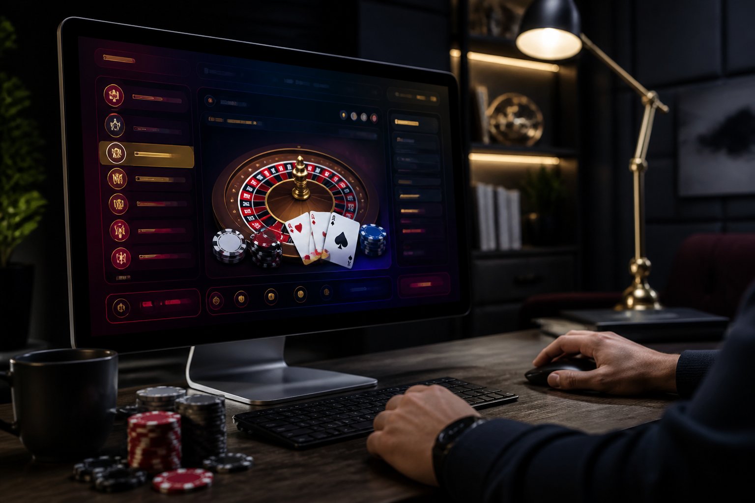 A person uses a computer displaying an abstract online casino game interface with cards, roulette elements, and poker chips.