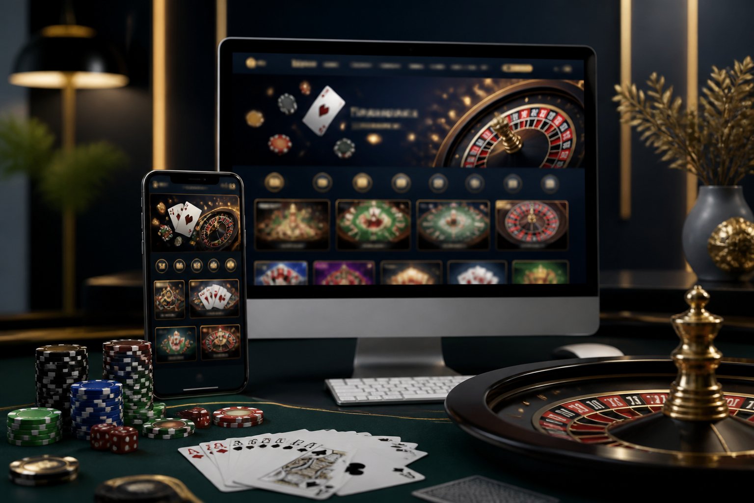A modern online casino setup with digital screens, playing cards, poker chips, and a roulette wheel.