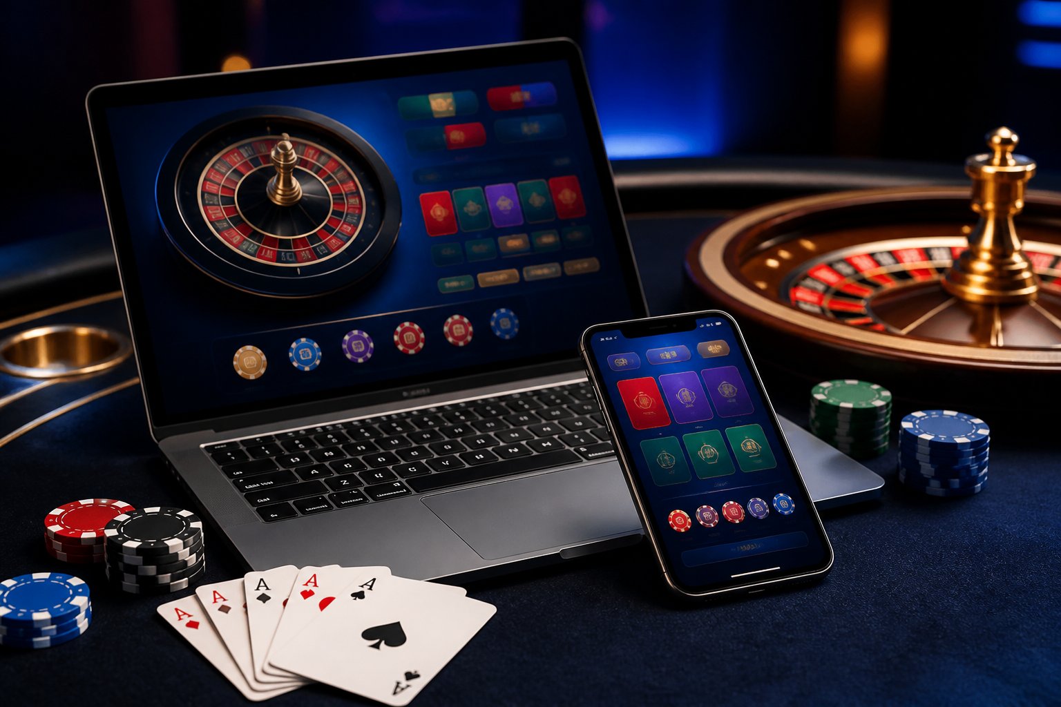 A smartphone and laptop displaying an abstract online casino interface beside playing cards and poker chips on a dimly lit gaming table.