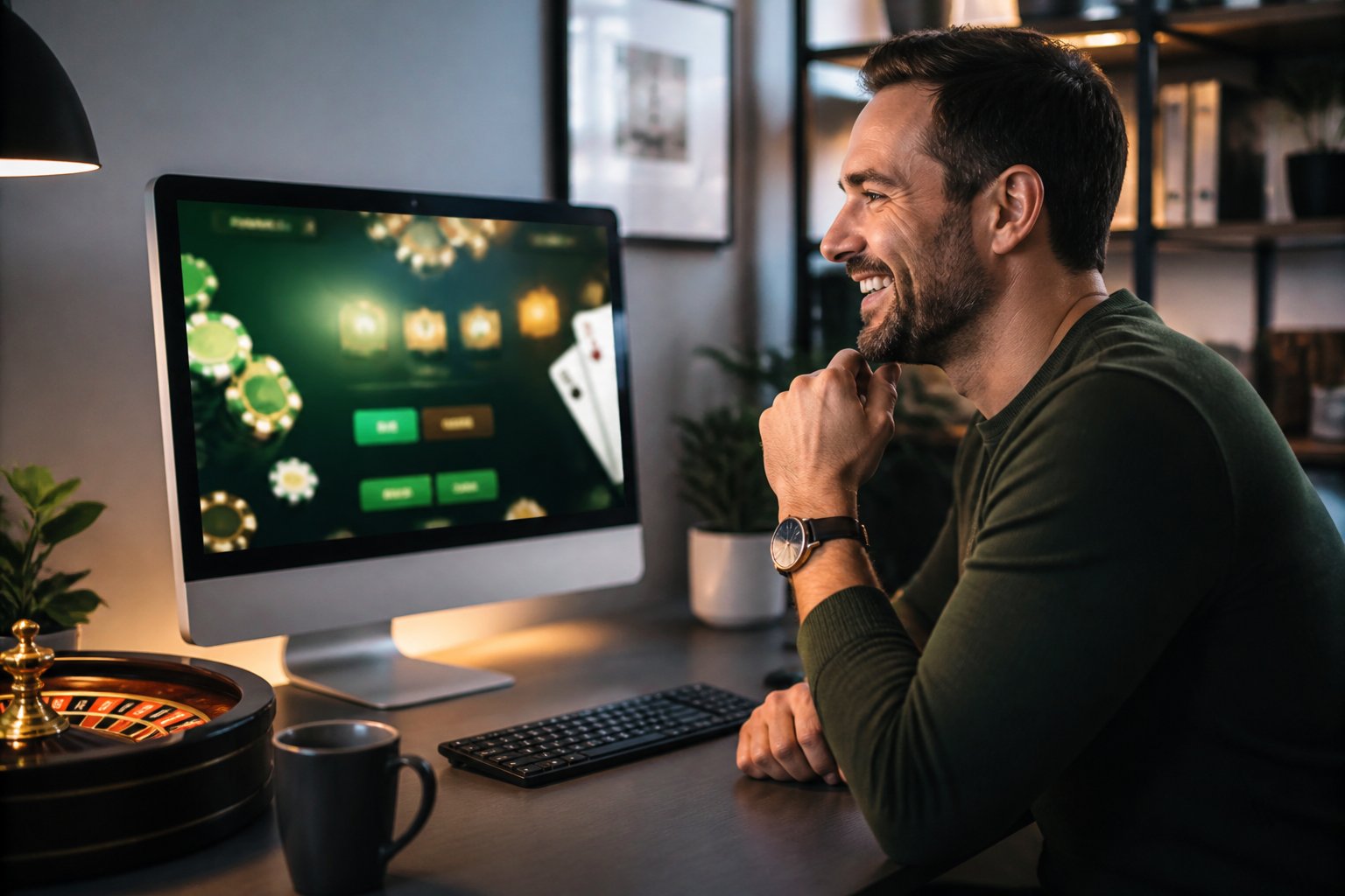 A person reviews an online casino welcome offer at a modern desk beside casino-themed items.