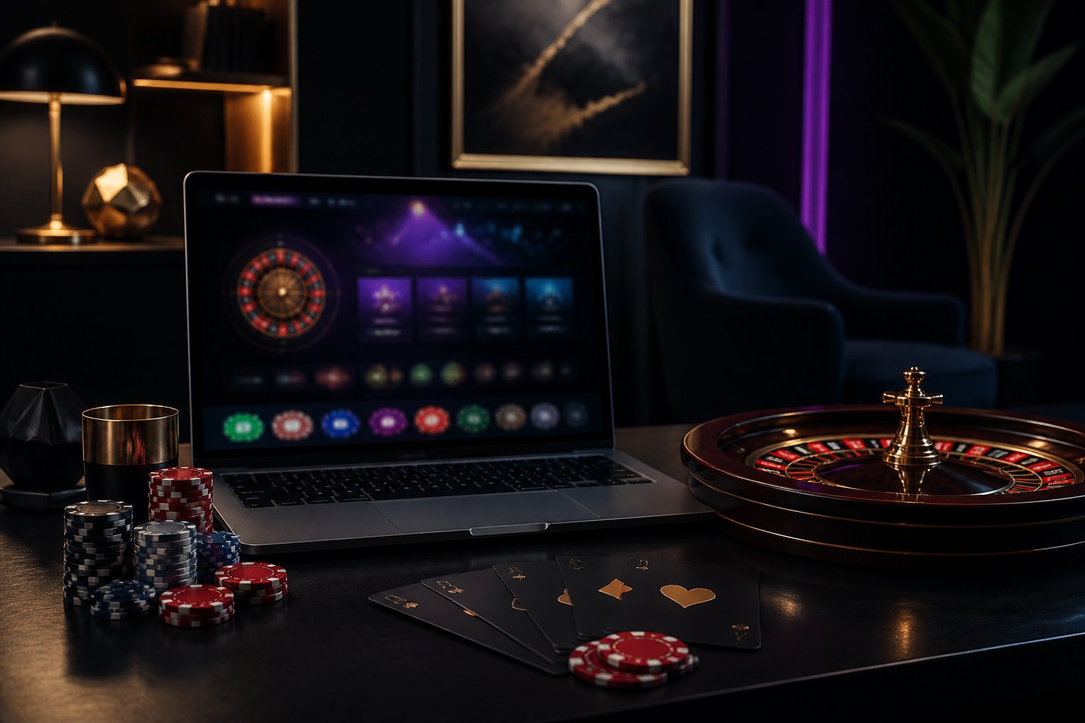 A laptop showing an abstract casino interface beside poker chips, playing cards, and a roulette wheel in a dark modern room.