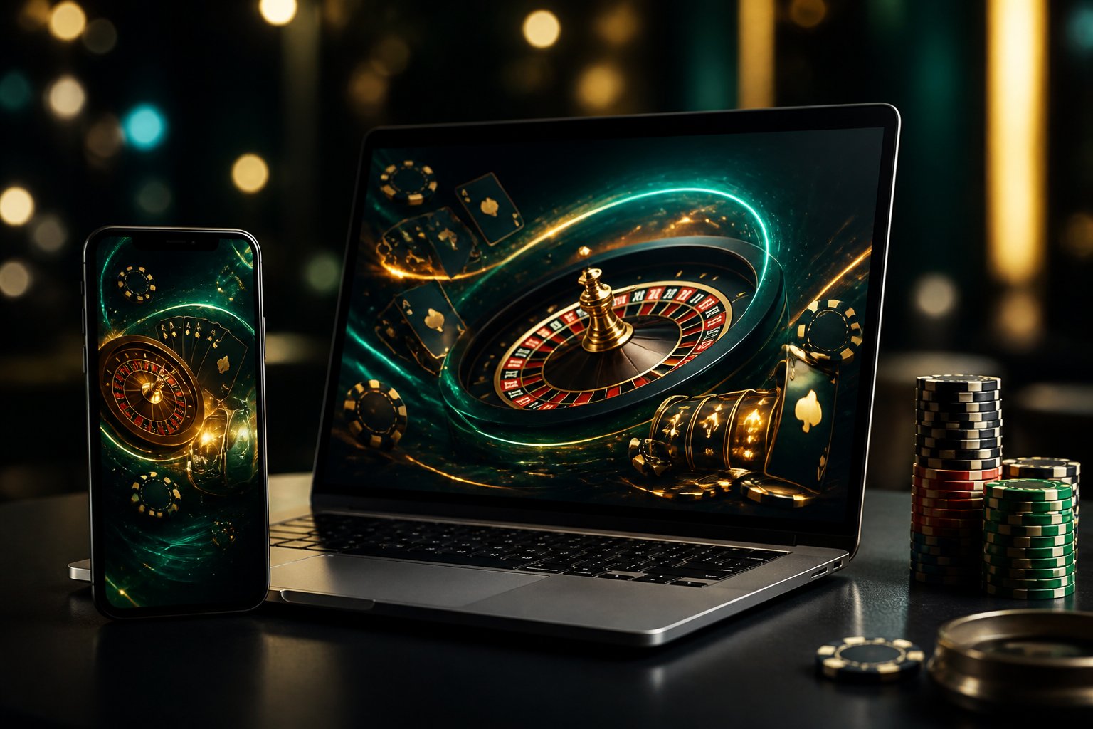 A laptop and smartphone display colorful casino-inspired graphics on a polished desk.