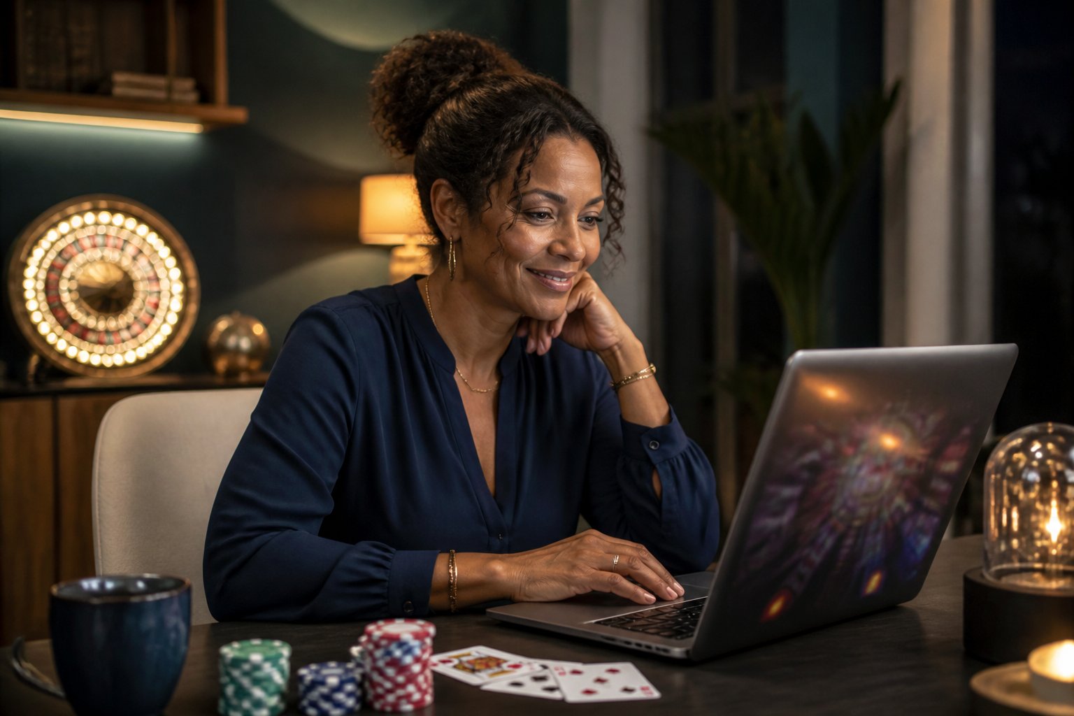A woman of color in her 40s uses a laptop at home with casino-themed items nearby.
