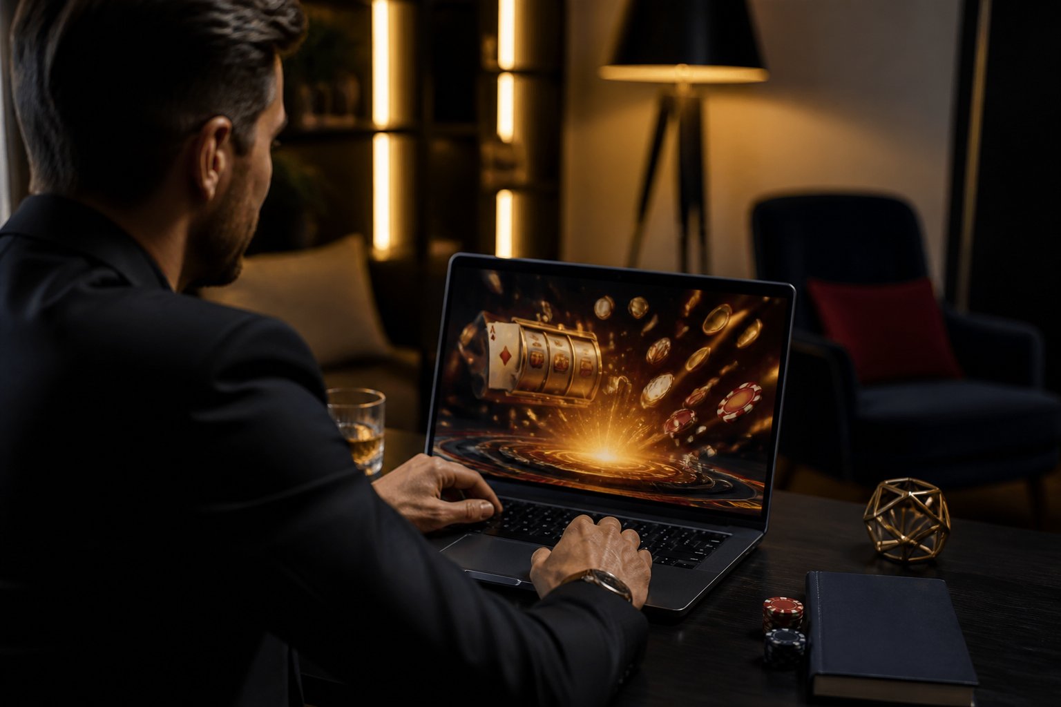 Adult using a laptop with abstract casino graphics, playing cards, chips, and glowing coins in a luxurious setting.