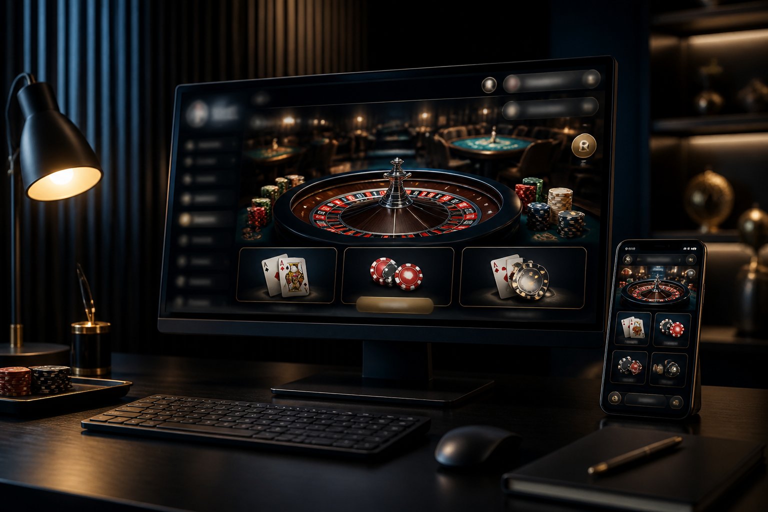 A modern computer and smartphone display colorful online casino games beside poker chips and playing cards.