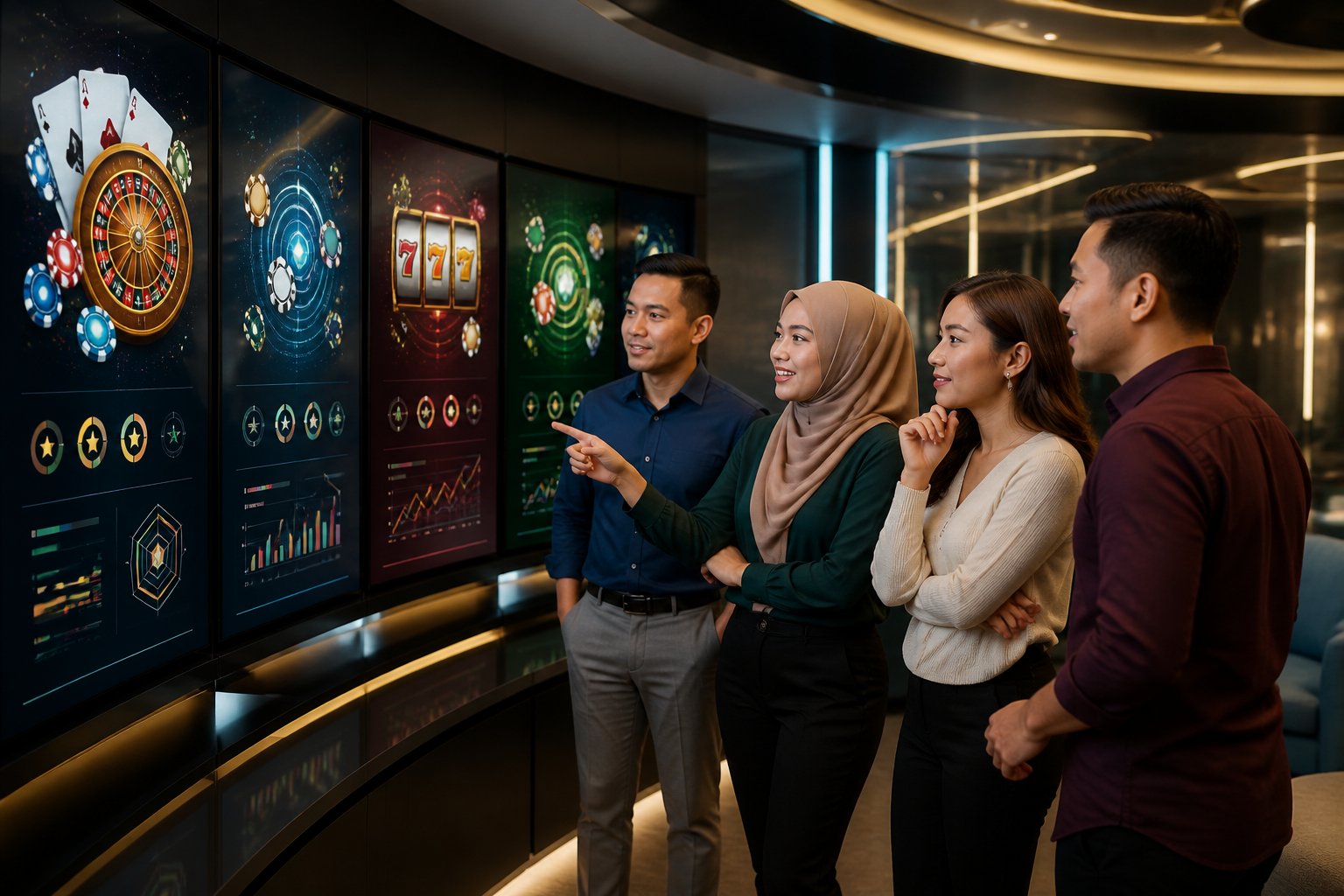 Malaysian adults compare abstract online casino interfaces on several modern digital screens.