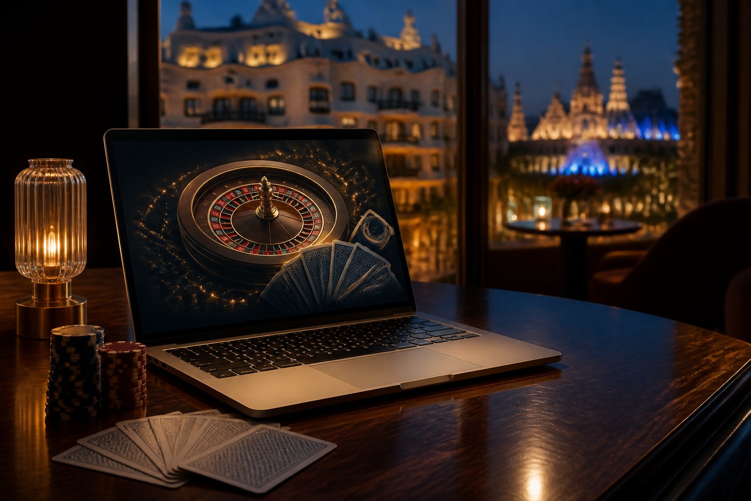 A laptop showing abstract casino game graphics on a polished table in an elegant Barcelona-inspired lounge.