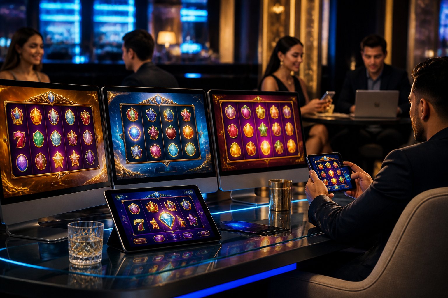 Adults using digital devices to play colorful slot games in a modern casino setting.