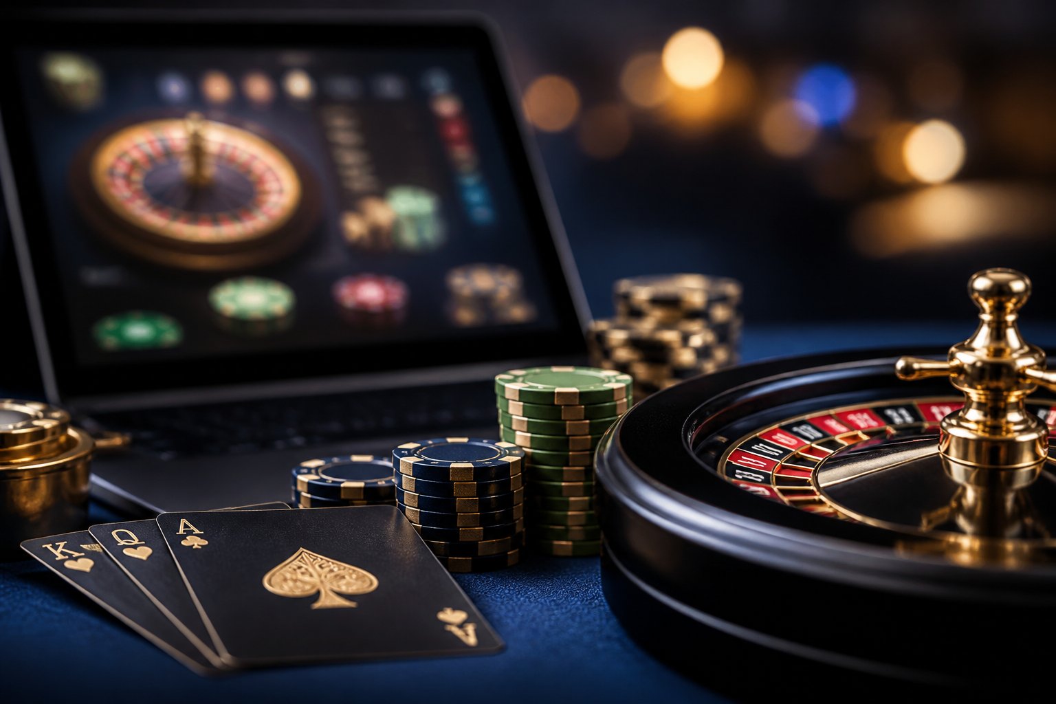 Casino cards, poker chips, and a roulette wheel arranged beside a glowing device.
