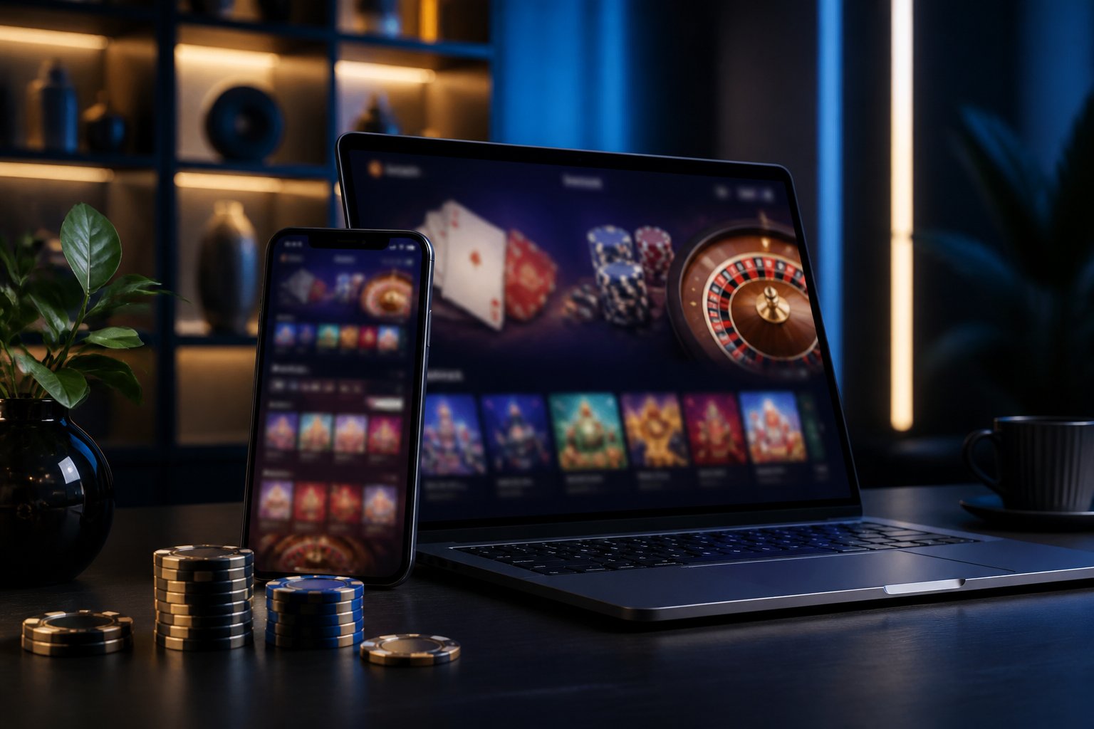 A laptop and smartphone display an abstract online casino scene with cards, roulette elements, and poker chips on a modern desk.