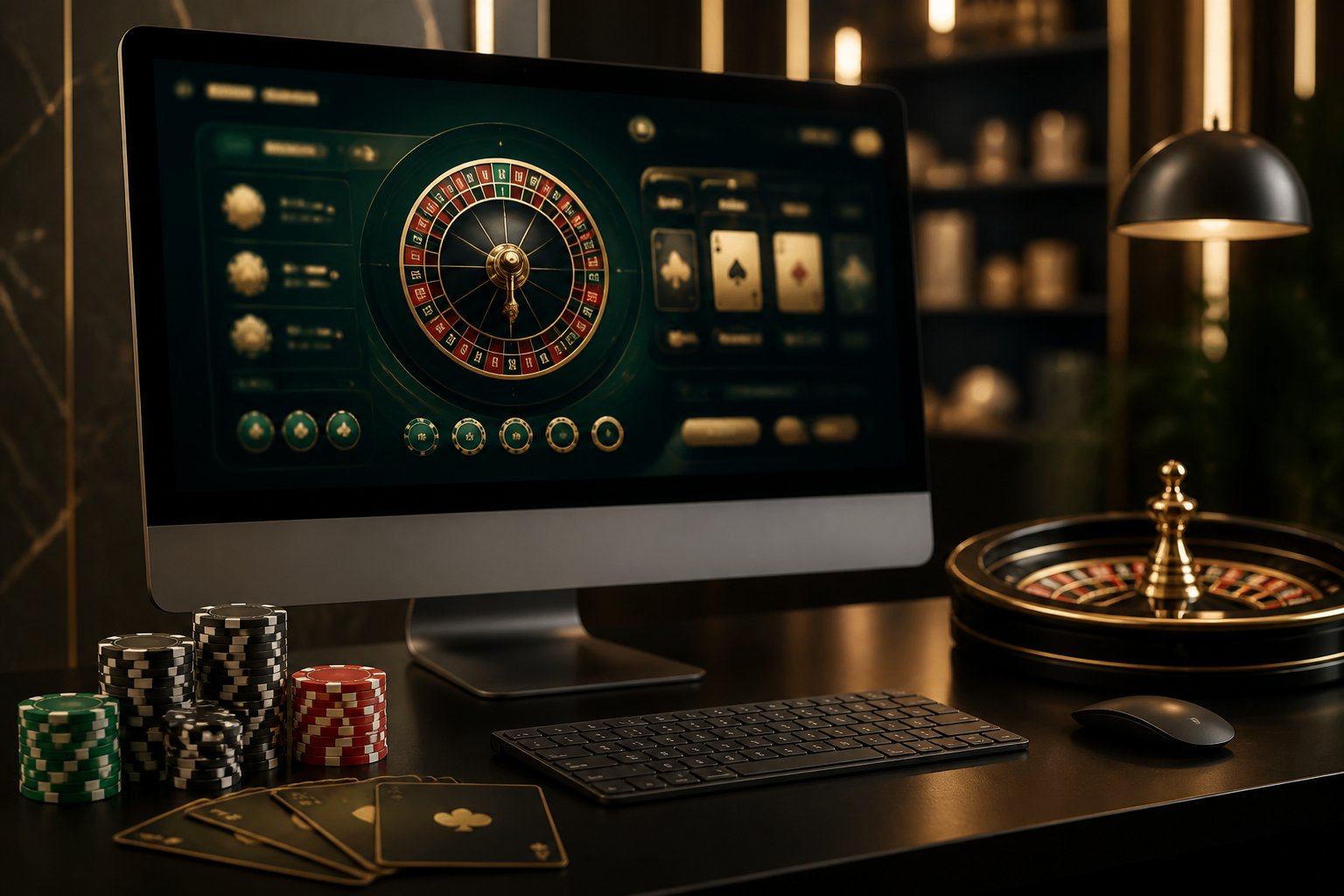 A modern computer setup showing an abstract online casino interface beside poker chips, playing cards, and a roulette-inspired object.