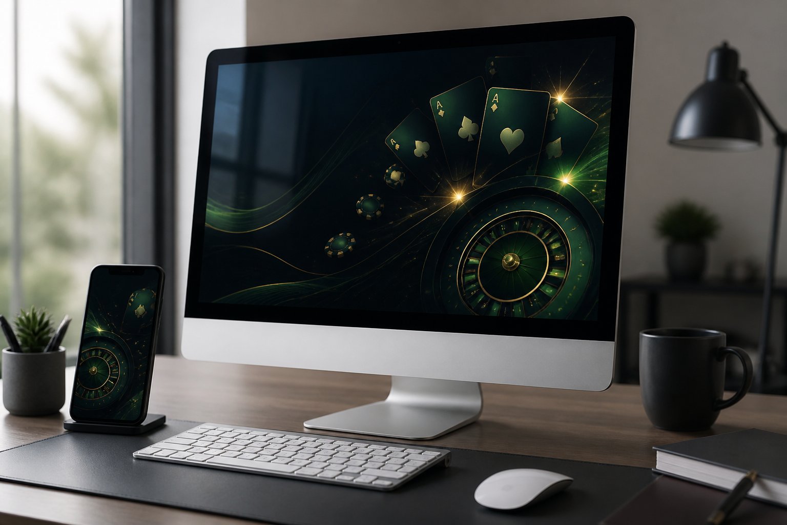 A modern desk with a computer and smartphone displaying an abstract online casino interface.