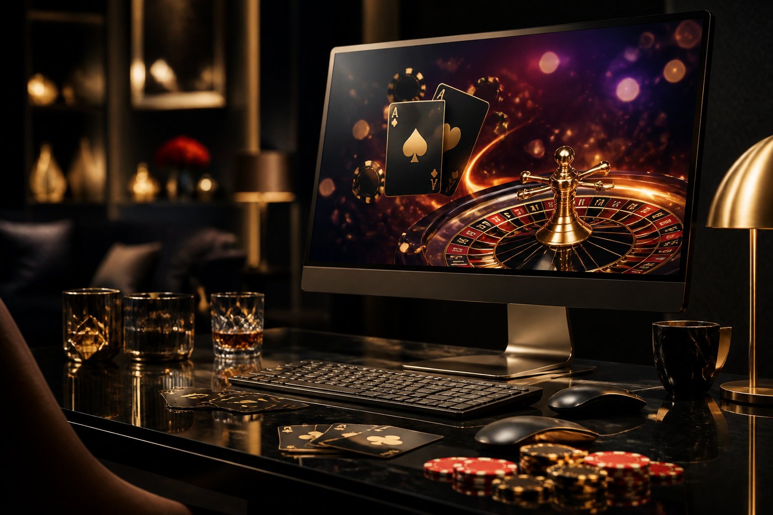 A luxurious gaming setup with a monitor showing abstract casino visuals, surrounded by poker chips and playing cards.
