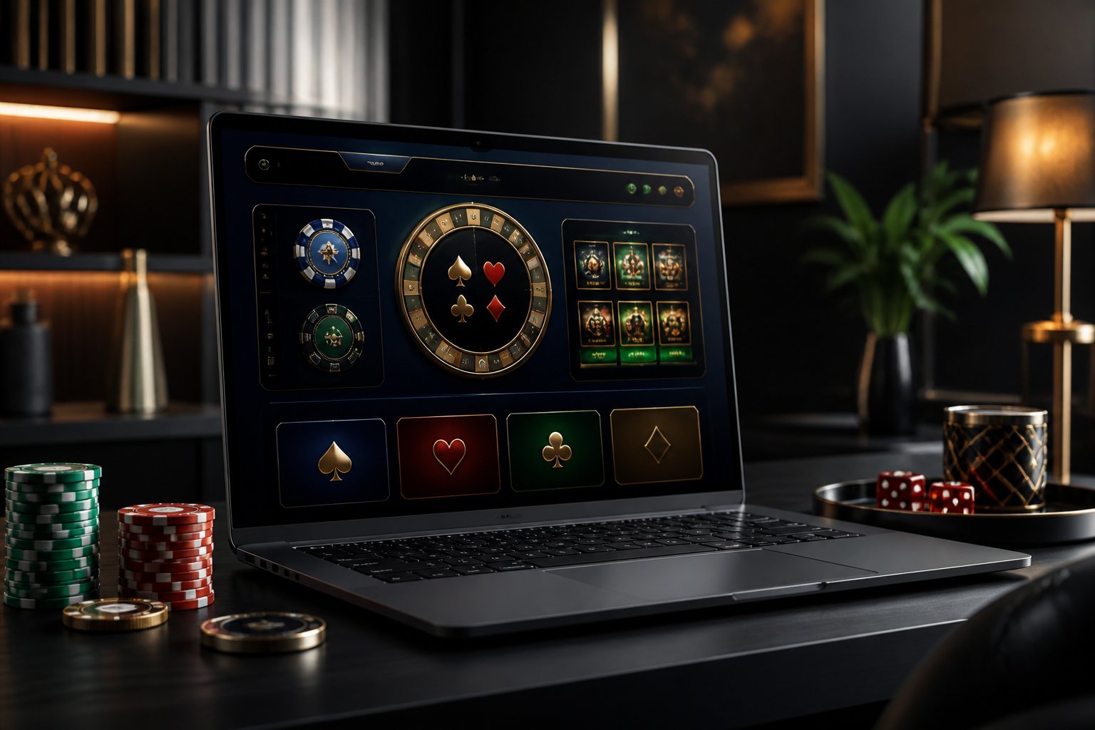 A laptop displays an abstract online casino dashboard beside poker chips, cards, dice, and a roulette-inspired graphic.