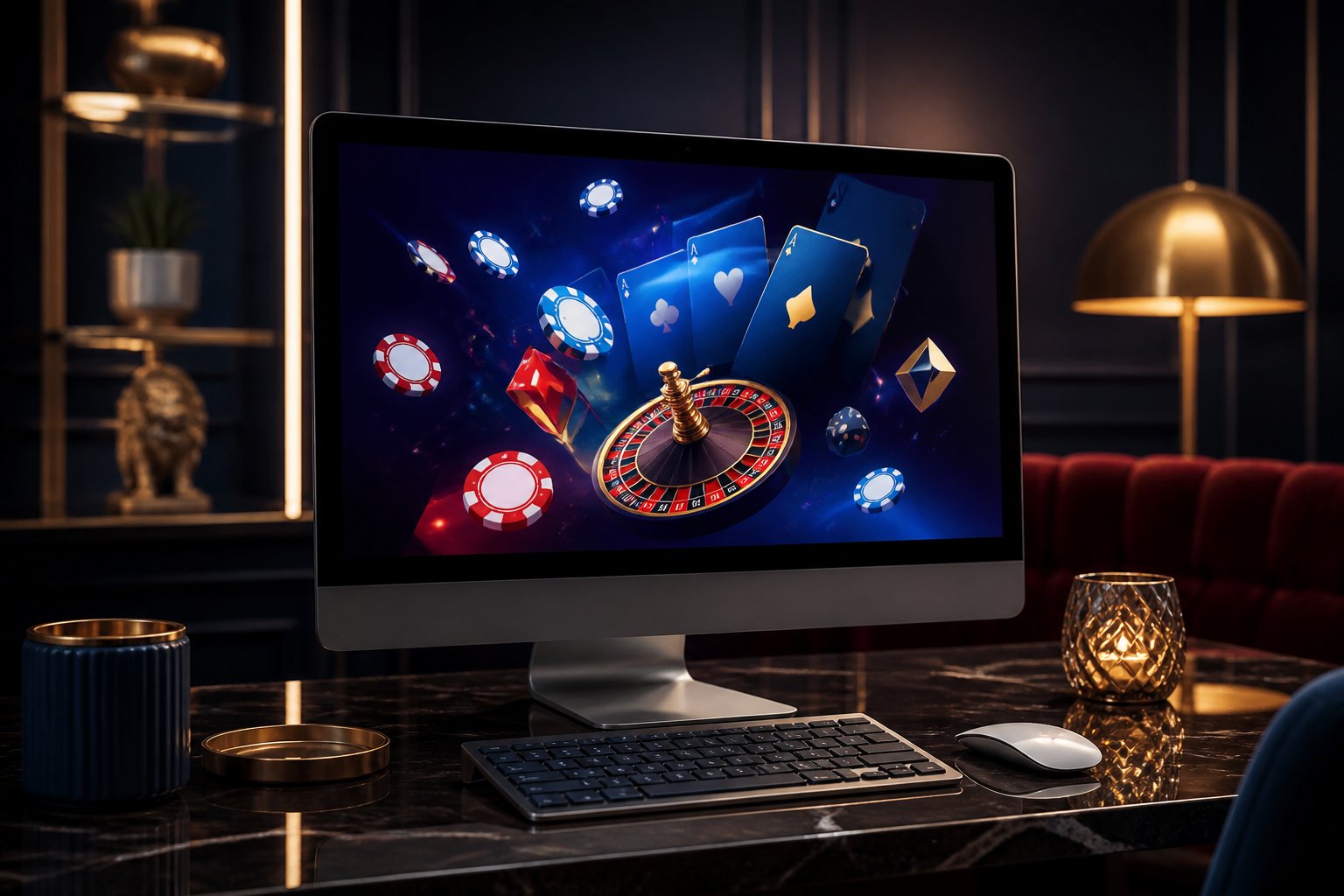A sleek computer setup displaying colorful online casino game imagery in a warmly lit room.