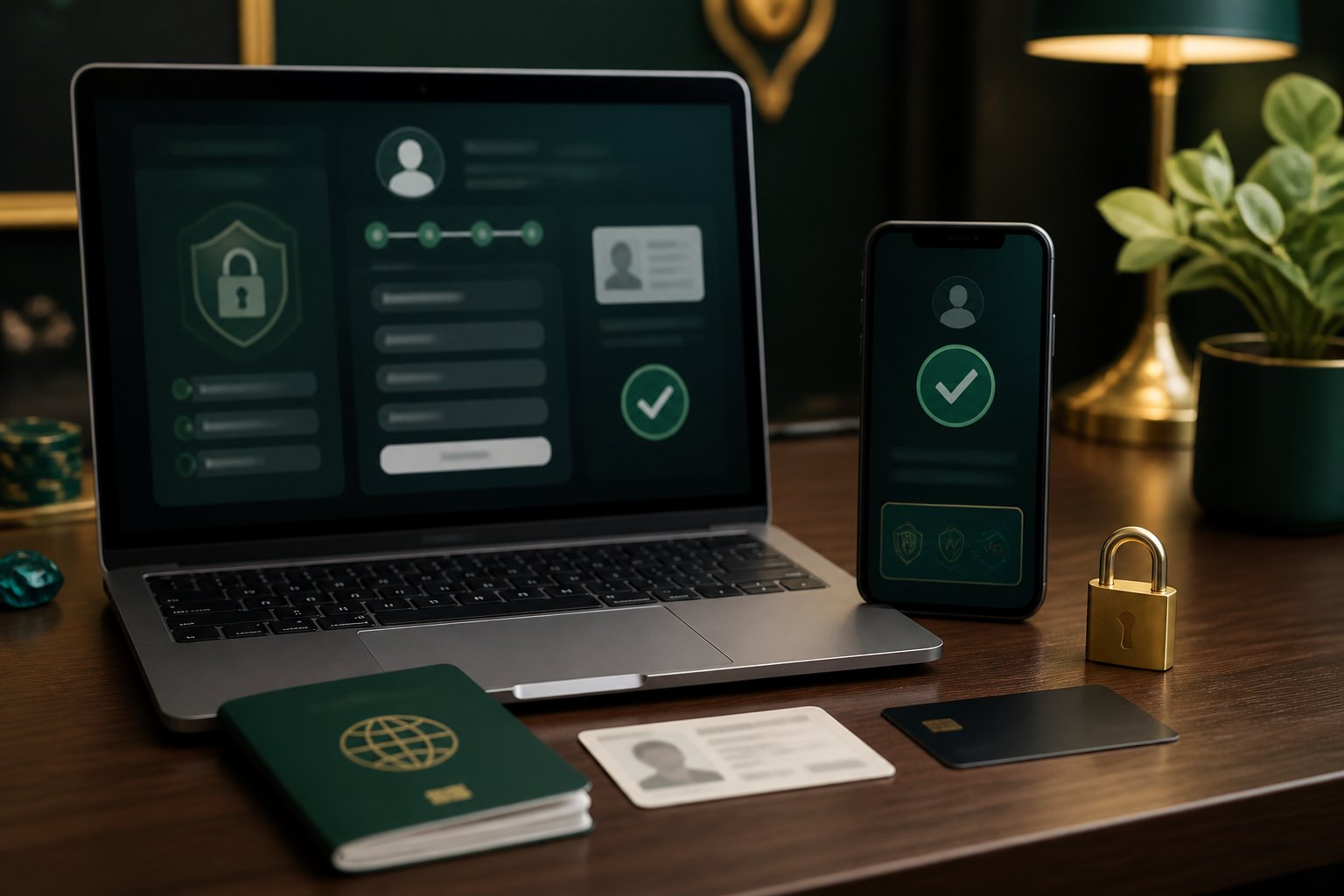 Laptop and smartphone showing a generic online account verification process beside obscured identification documents and security symbols.