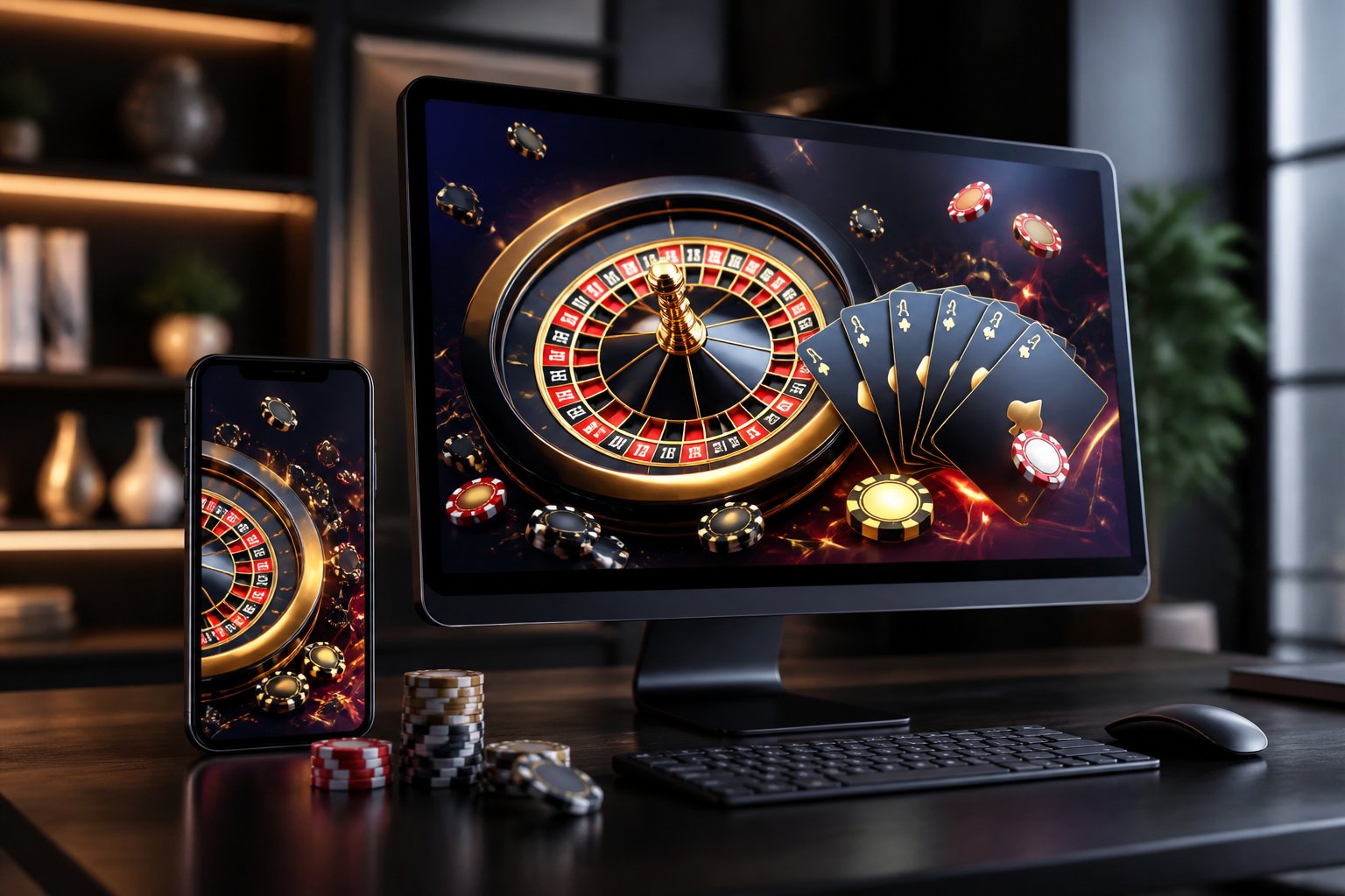 A computer and smartphone showing a modern online casino interface with roulette graphics, cards, and poker chips.