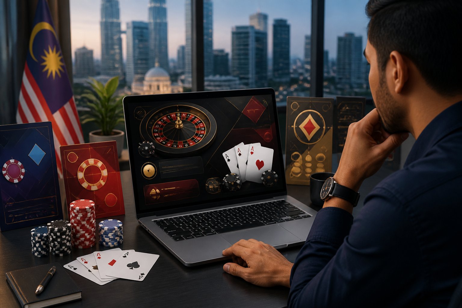 A Malaysian adult compares generic online casino interfaces on a laptop beside playing cards, roulette imagery, and poker chips.