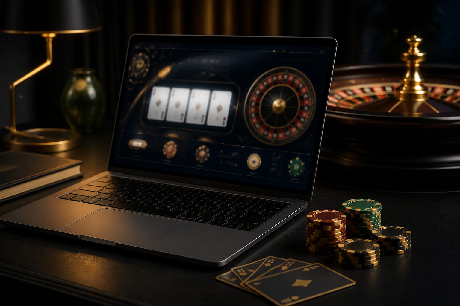 A laptop shows an abstract online casino interface beside playing cards, casino chips, and a roulette wheel.