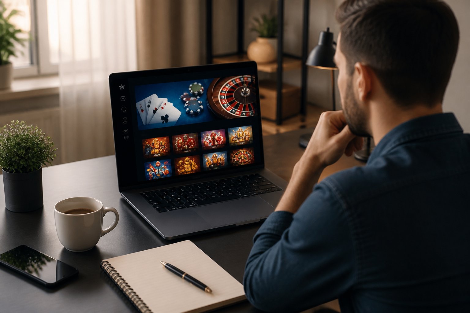 Person exploring a generic online casino interface on a laptop at a home-office desk.