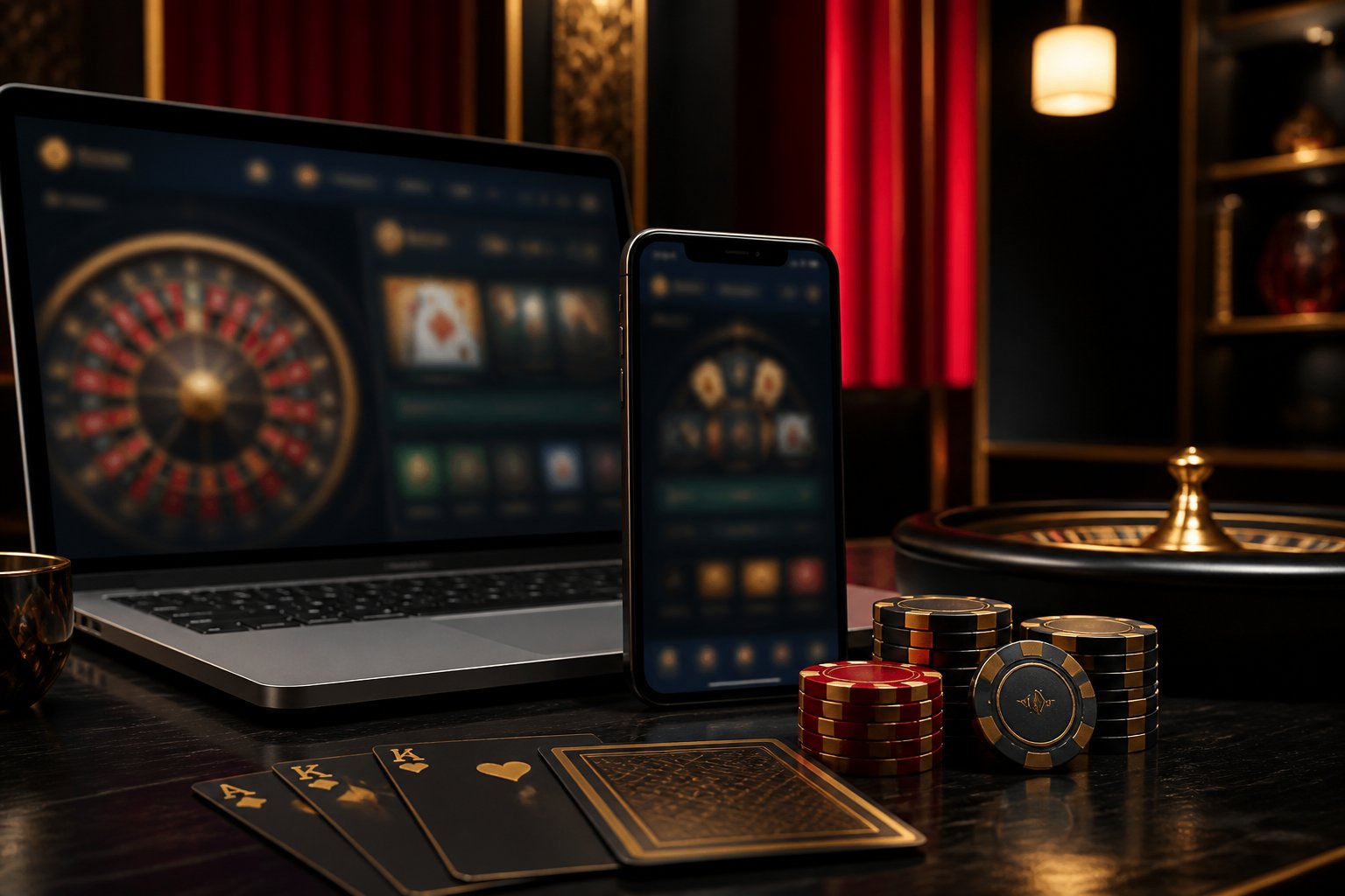 A laptop and smartphone beside casino chips and playing cards on a polished table with red and gold lighting.
