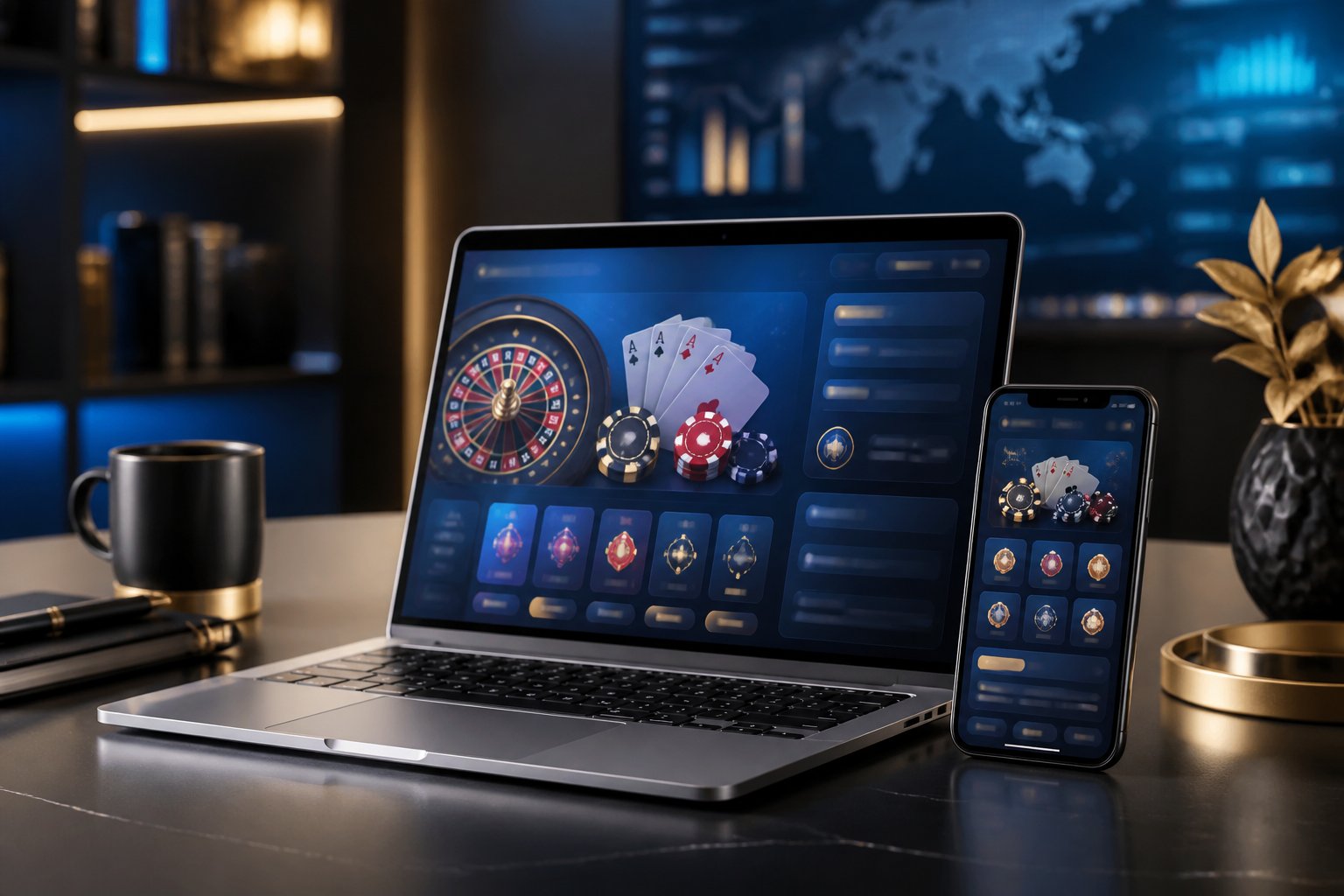 Laptop and smartphone showing an abstract online casino interface on a modern desk.