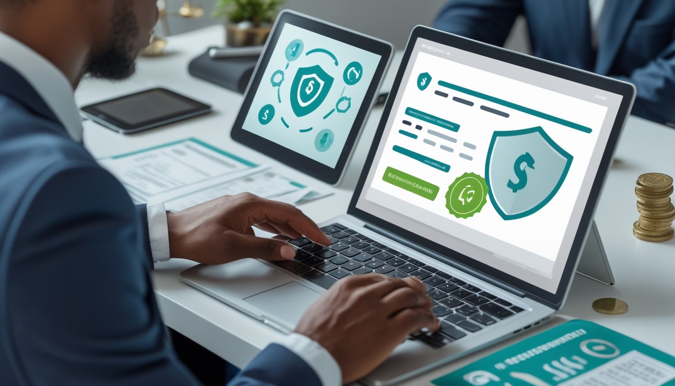 Seorang profesional memeriksa keamanan dan kepatuhan sebuah platform digital di meja kerja modern.