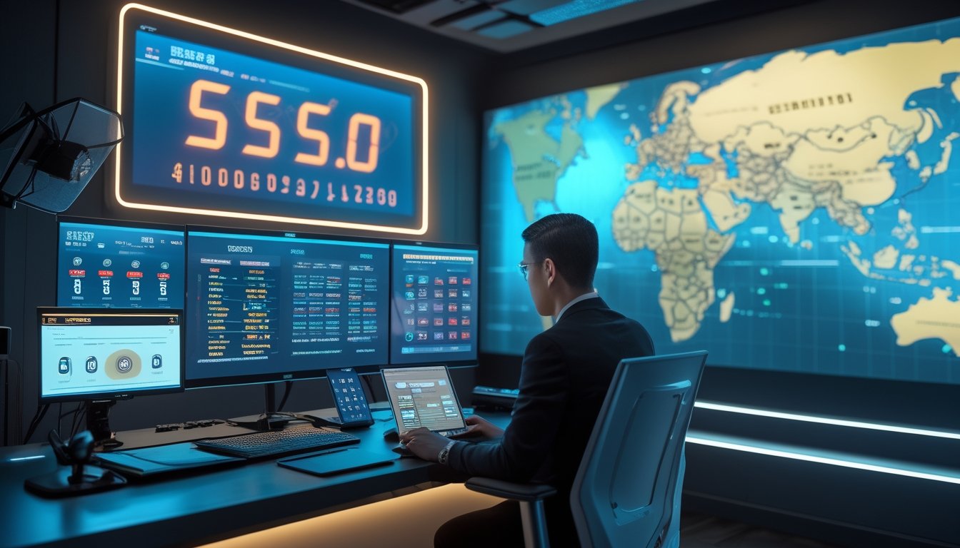Ruang kontrol siaran modern dengan layar data, hitungan mundur, dan peta Asia Tenggara.